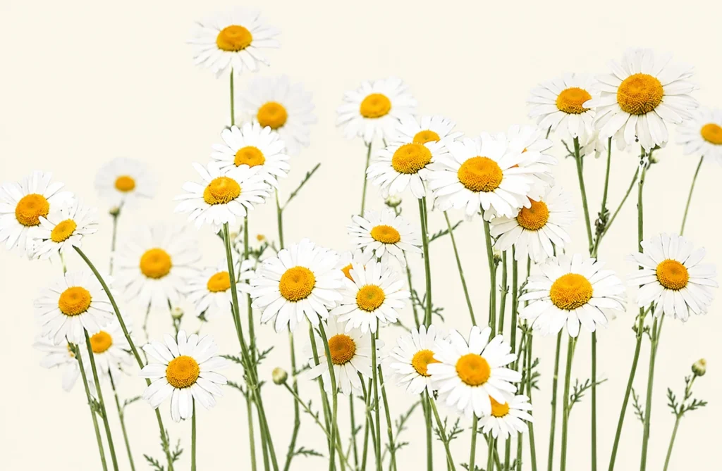 White daisies with golden-yellow centers blooming against a soft cream background.