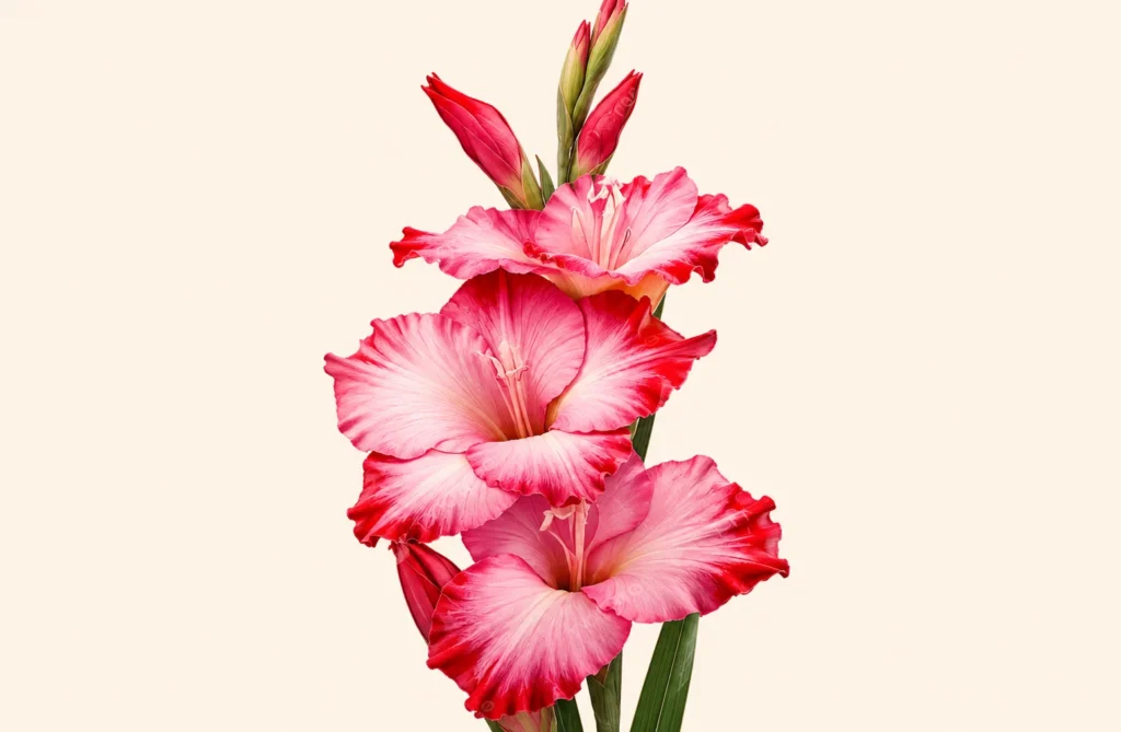 Pink and red gladiolus flowers with detailed ruffled petals, green buds and long leaves against a soft cream background.
