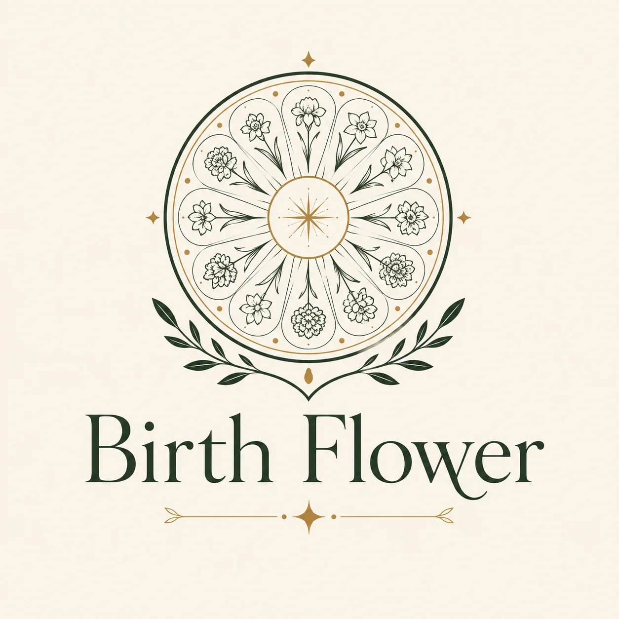 Birth Flower floral design with a circular arrangement of flowers, green leaves, and elegant botanical details, featuring the text “Birth Flower.