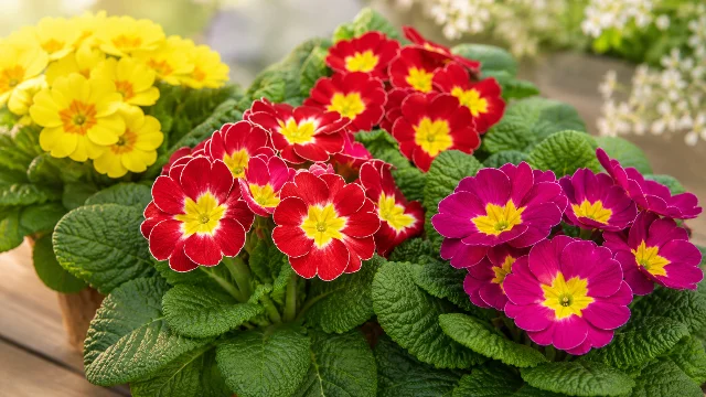 February Birth Flowers Colorful primrose flowers in yellow, red, and magenta with bright yellow centers and lush green leaves, set against a soft garden background.