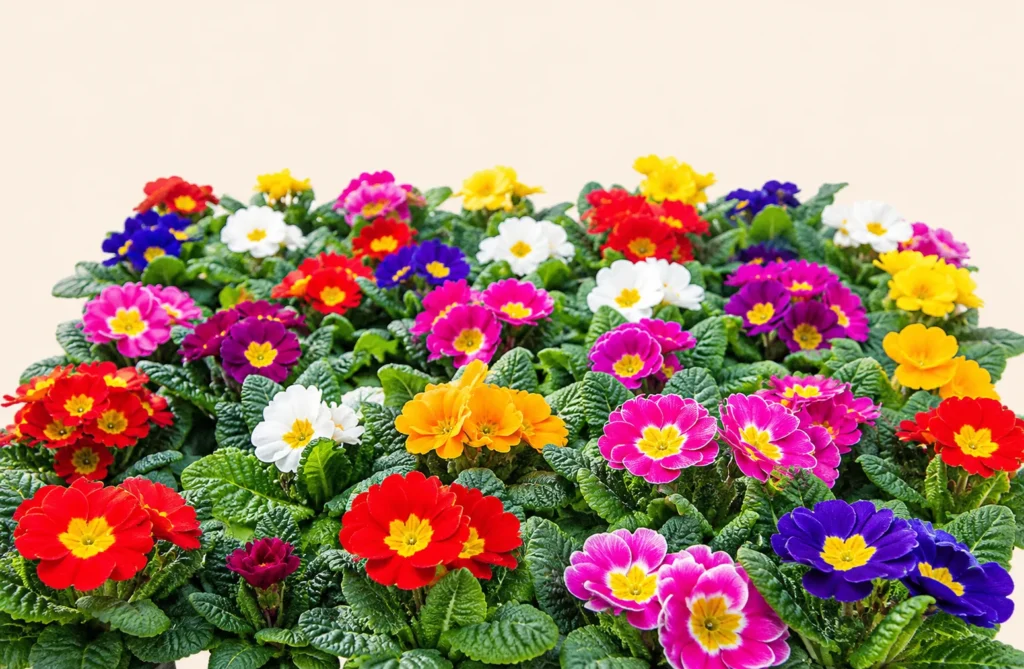 Colorful primrose flowers in red, pink, yellow, white, purple, and orange with lush green leaves on a soft cream background.