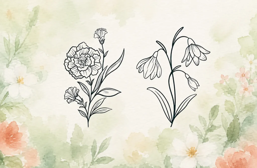 January birth flowers, featuring elegant black line-art illustrations of a carnation and snowdrop on a soft pastel watercolor floral background.
