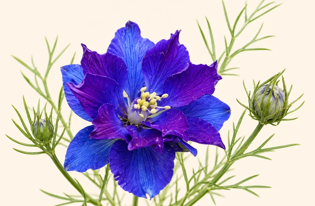 Vibrant purple and blue flower with detailed petals, yellow stamens, green feathery foliage, and flower buds against a soft cream background.
