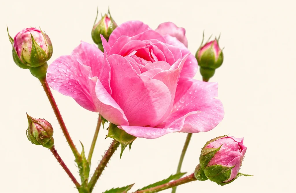Pink rose in full bloom with detailed layered petals, surrounded by pink rosebuds and green stems against a soft cream background.
