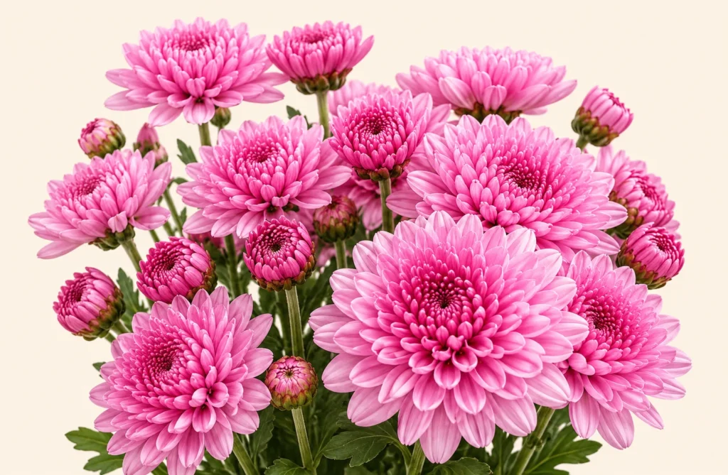 Pink chrysanthemum flowers with layered petals, blooming buds, green stems and leaves against a soft cream background.
