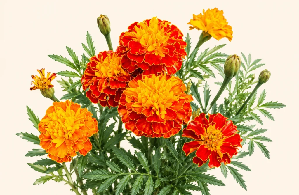 Orange and red marigold flowers with layered ruffled petals, green buds and serrated leaves against a soft cream background.
