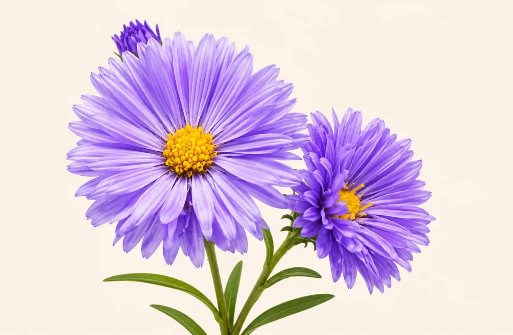 Purple aster flowers with detailed lavender petals and bright yellow centers, green stems and leaves against a soft cream background.
