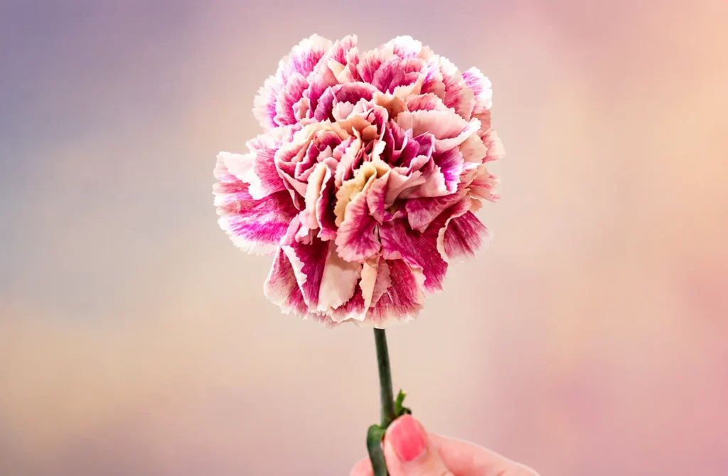 Pink and cream carnation flower held by hand against a soft pastel blurred background